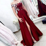 A Line Off the Shoulder Short Sleeves Burgundy Satin Prom Dress With Split PFP1577