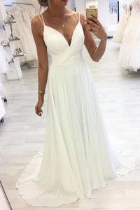 White V Neck Straps Chiffon Long Prom Dress A Line Evening Dress PFP1602