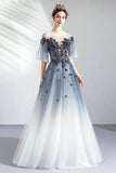 Ombre A Line Half Sleeves Tulle Round Neck Prom Dress Evening Dresses PFP1607