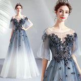 Ombre A Line Half Sleeves Tulle Round Neck Prom Dress Evening Dresses PFP1607