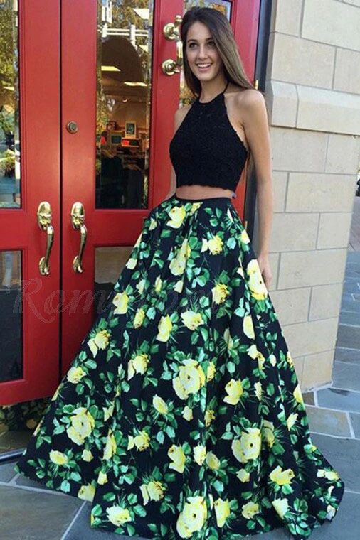 Halter Two Piece Prom Dress with Lace Pleats Floral Print Party Dress ...
