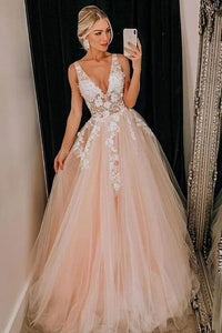 Pink Tulle V Neck Long Senior Prom Dress, Formal Dress With Applique PFP1621