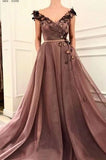 A Line V Neck Cap SleevesBrown Long Flowers Prom Dresses With Pockets PFP1628