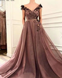 A Line V Neck Cap SleevesBrown Long Flowers Prom Dresses With Pockets PFP1628