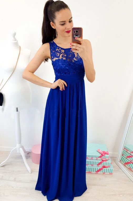 A-Line Round Neck Floor-Length Royal Blue Prom Dress with Lace Pleats ...