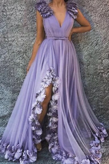 A Line V Neck Long Flowers Rushed Prom Dresses With Silt Evening Dress ...