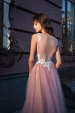 A-line Bateau Pink Tulle Long Prom Dresses Applique Formal Gowns PFP1657