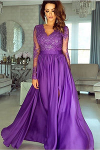 A-line V neck Long Sleeves Prom Dresses Lace Appliques Formal Gowns PFP1676