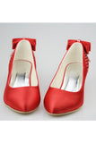 Beautiful Red Satin Beading Low Heel Close Toe Women Shoes PFWS0010