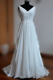 Simple White A-line V-neck Backless Sweep Train Chiffon Cheap Beach Wedding Dresses PFW0250