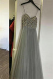 Elegant Long Spaghetti Straps Beading Tulle Gray Prom Dresses Evening Dresses PFP0114