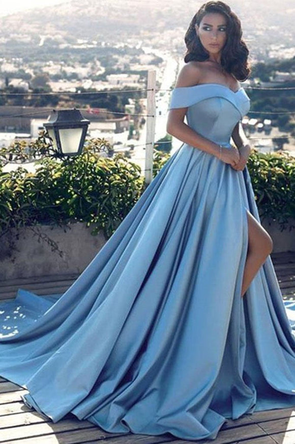 Off Shoulder Blue Prom Gown with Slit, Long Formal Evening Dress with ...