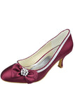 Burgundy Low Heel Beading Handmade Close Toe Prom Shoes With Bow PFWS0016