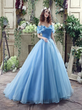 Princess Ball Gown Off Shoulder Blue Long Prom Dress,Quinceanera Dresses PFP0765