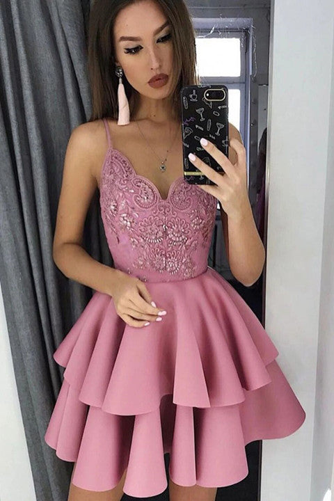 A-line V-Neck Layered Short Prom Dress Appliques Homecoming Dress PFP1 ...