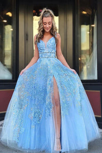 Light Blue Beaded Appliques Prom Dresses With Slit, Backless Party Gown PFP1711