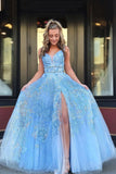 Light Blue Beaded Appliques Prom Dresses With Slit, Backless Party Gown PFP1711