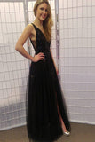 Glitter Black Long Prom Dresses Tulle V-neck Sequin With Split PFP1752