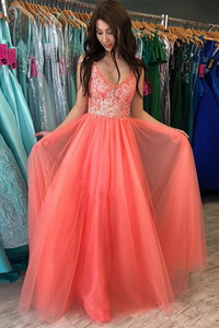 Promfast A Line V Neck Backless Coral Lace Long Prom Dresses, Formal Dresses PFP1990