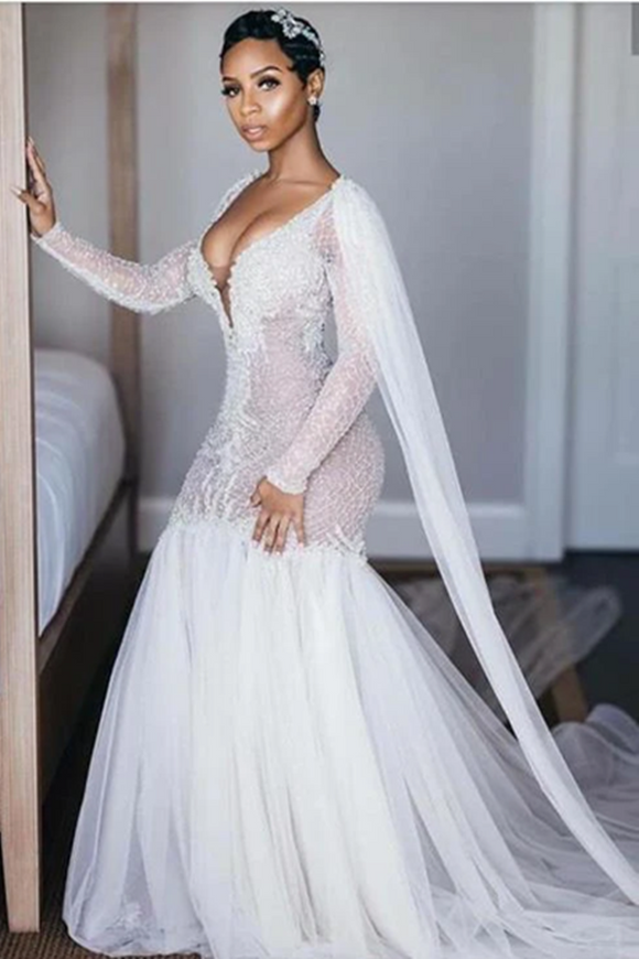 Long Sleeves Lace A-line Boat Neckline Ivory Long Bridal Dress – Okdresses
