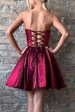 Promfast Strapless Burgundy Satin Short Homecoming Dresses, Party Dresses PFH0350