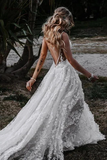 Promfast Deep V Neck A Line Lace Wedding Dresses With Slit, Spaghetti Straps Long Bridal Gowns PFW0603
