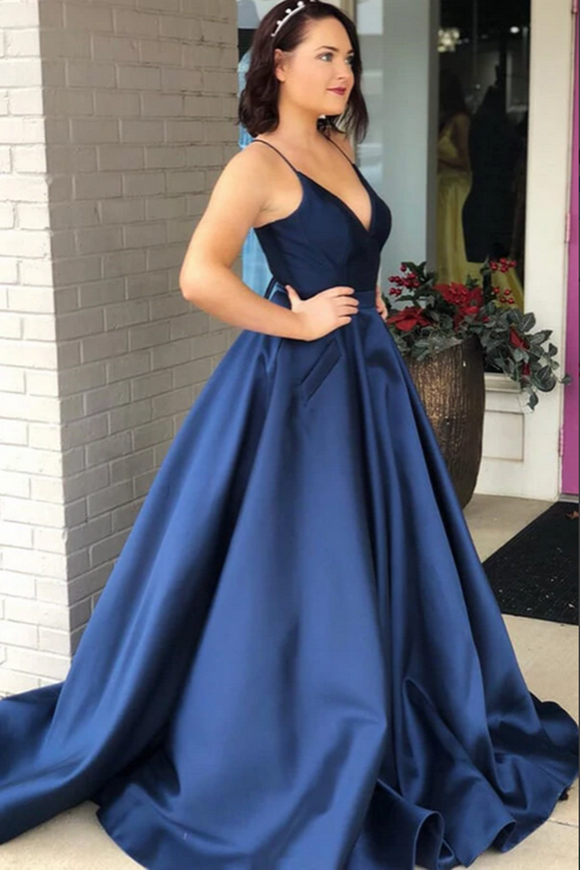 Promfast Simple Satin A Line V Neck Spaghetti Straps Prom Dresses With Chapel Train PFP2126