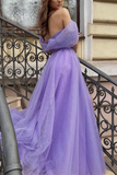 Promfast Chic A line Sparkly Off the shoulder Purple Prom Dress Tulle Evening Dress With Split Front PFP2184