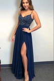 Promfast Navy Blue A line Beaded Spaghetti Straps Prom Dresses, Long Formal Dress PFP2187