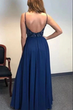 Promfast Navy Blue A line Beaded Spaghetti Straps Prom Dresses, Long Formal Dress PFP2187