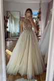 Promfast Chic A line Spaghetti Straps Floor length Long Prom Dresses Tulle Applique Evening Dress PFP2189