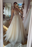 Promfast Chic A line Spaghetti Straps Floor length Long Prom Dresses Tulle Applique Evening Dress PFP2189