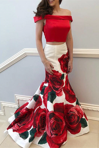 Promfast Mermaid Prom Dresses Off the shoulder Red Floral Two Pieces Prom Dress Evening Dress PFP2190