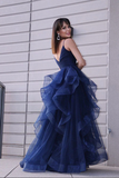 Promfast Navy Blue Tulle A line V neck Prom Dress With Ruffles, Long Formal Dresses PFP2191