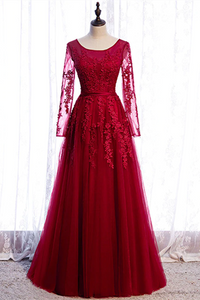 Promfast Chic A line Bateau Burgundy Lace Prom Dress Long Sleeve Tulle Evening Dresses PFP2195