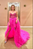 Promfast Strapless Hot Pink Tulle High Low Ball Gown Simple Prom Dress PFP2200