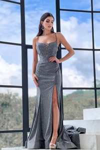 Promfast Sheath Column Sparkly Spaghetti Straps Silver Grey Prom Dress Evening Dress With Split PFP2227