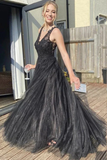 A Line V Neck Black Tulle Prom Dress Black Formal Dress PFP2342