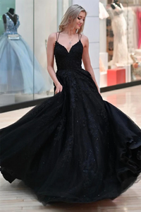 A Line V Neck Backless Black Lace Prom Dress Long, Black Lace Formal Dress PFP2387