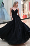 A Line V Neck Backless Black Lace Prom Dress Long, Black Lace Formal Dress PFP2387