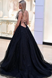 A Line V Neck Backless Black Lace Prom Dress Long, Black Lace Formal Dress PFP2387