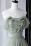 Off Shoulder Green Tulle Floral Long Prom Dresses, Green Evening Dresses with 3D Flowers PFP2388